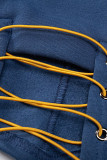 ネイビーブルーカジュアルストリートソリッド刺繍包帯パッチワーク非対称フード付きカラートップス