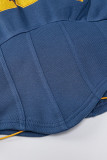 Top con colletto asimmetrico con cappuccio patchwork ricamato in tinta unita casual blu navy