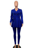 Blue Casual Solid Patchwork Fold Asymmetrical Turn-back Collar Long Sleeve Two Pieces