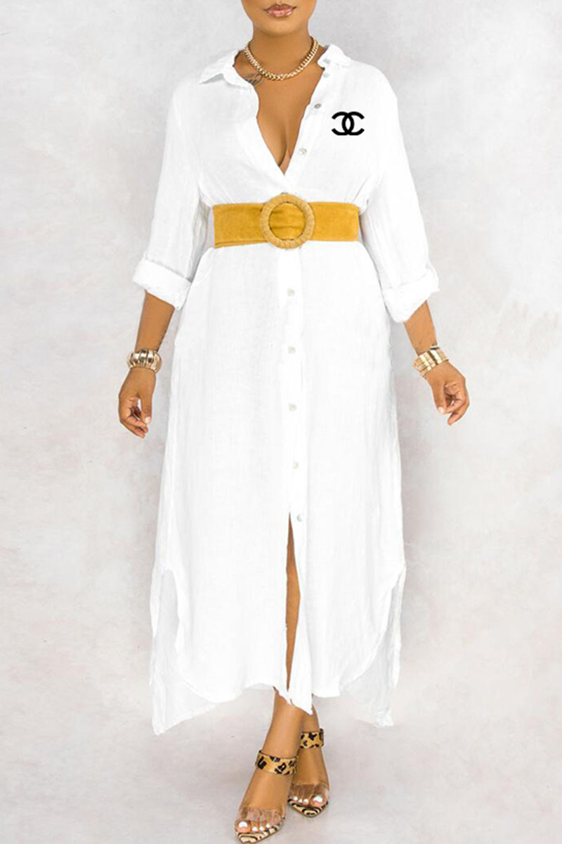 

White Fashion Casual Print Letter Turndown Collar Shirt Dress Dresses