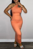 Robe orange sexy décontractée solide basique à col en U