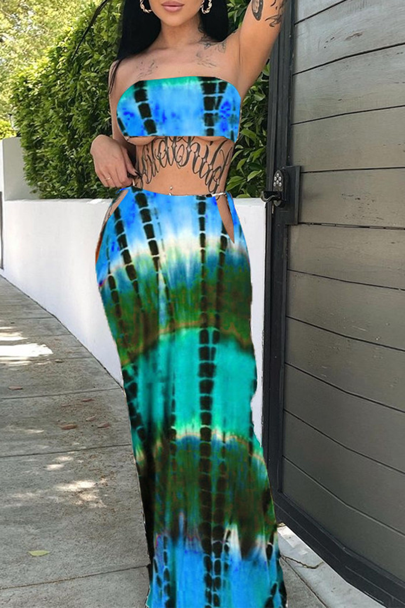 

Green Sexy Print Tie-dye Strapless Sleeveless Two Pieces