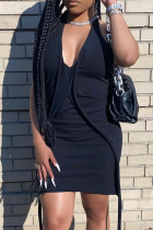 Black Sexy Solid Patchwork Halter Pencil Skirt Dresses