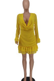 Yellow Sexy Solid Patchwork Flounce V Neck A Line Dresses