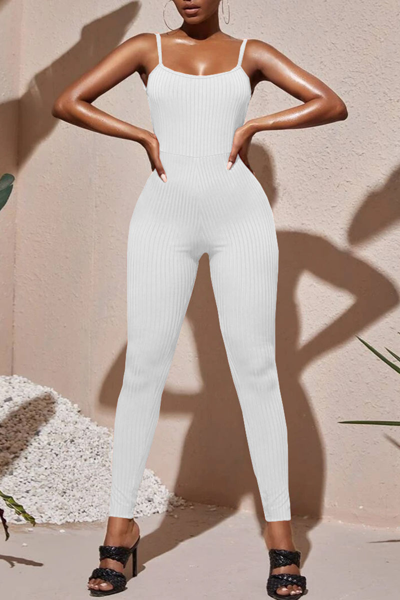 

White Sexy Solid Split Joint Backless Spaghetti Strap Skinny Jumpsuits