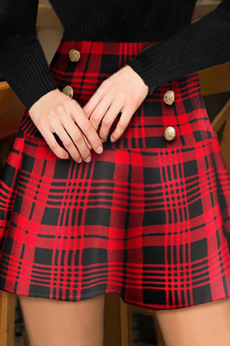 Botões de retalhos com estampa xadrez casual vermelha cintura alta tipo A calça com estampa completa