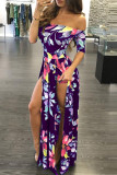 Lila Fashion Sexy Erwachsene Ma'am One Wortkragen Blumendruck Blumen Plus Größe