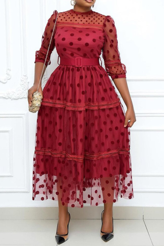 Red Sexy Solid Mesh O Neck Cake Skirt Dresses