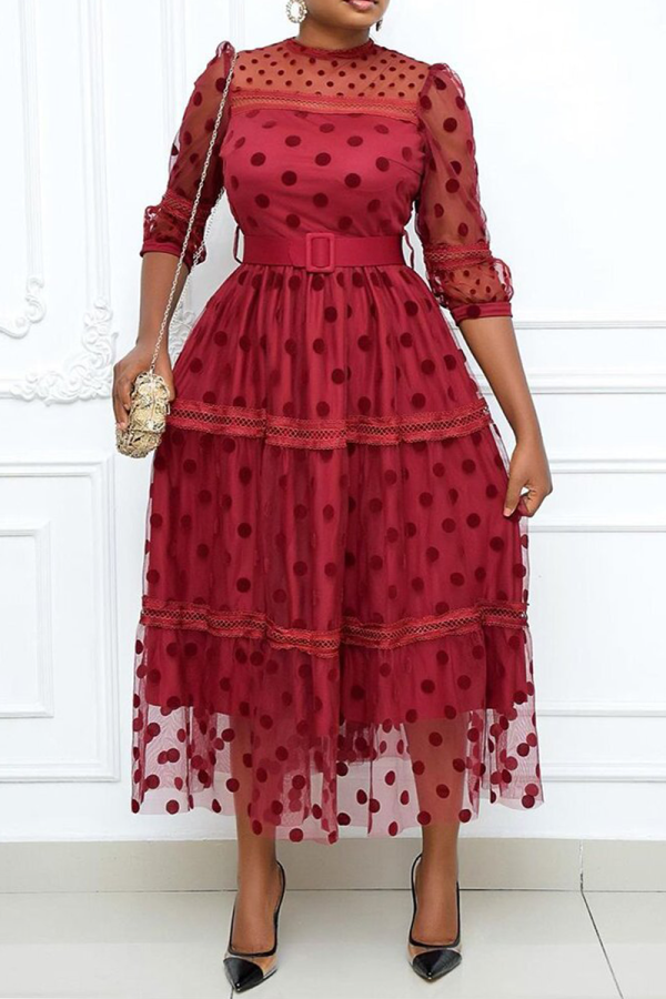 Red Sexy Solid Mesh O Neck Cake Skirt Dresses