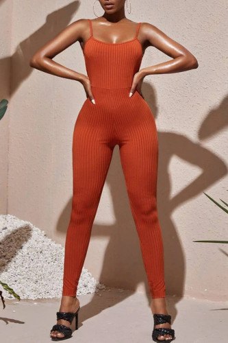 Brick Red Sexy Solid Patchwork Backless Spaghetti Strap Skinny Jumpsuits