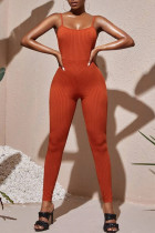 Macacão skinny com alça espaguete sexy vermelho tijolo sólido patchwork sem costas