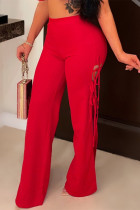 Красные модные повседневные однотонные брюки с высокой талией и разрезом повязки