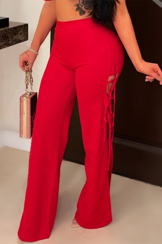 Red Fashion Casual Solid Bandage Slit Regular High Waist Trousers