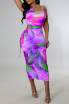 Purple Sexy Print Hollowed Out Patchwork Frenulum Spaghetti Strap One Step Skirt Dresses