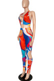 Multicolor Sexy Print Hollowed Out Patchwork Halter Sleeveless Two Pieces