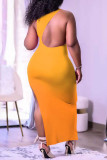 Orange Fashion Sexy Plus Size Print Backless Slit U Neck Sleeveless Dress