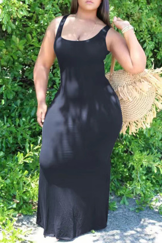 Black Sexy Casual Plus Size Solid Basic U Neck Vest Dress