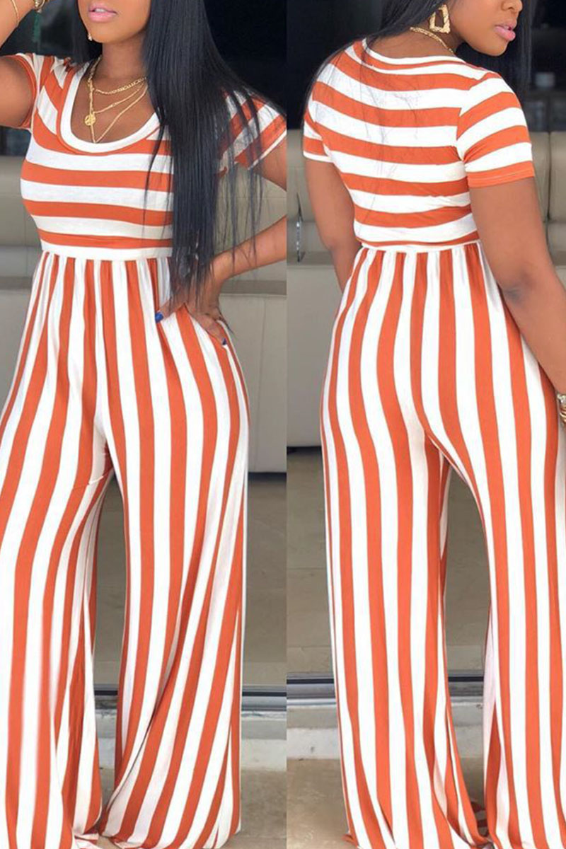 

Tangerine Red Casual Striped Print Split Joint O Neck Straight Jumpsuits