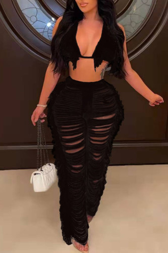 Black Sexy Solid Tassel Hollowed Out Patchwork Halter Sleeveless Two Pieces