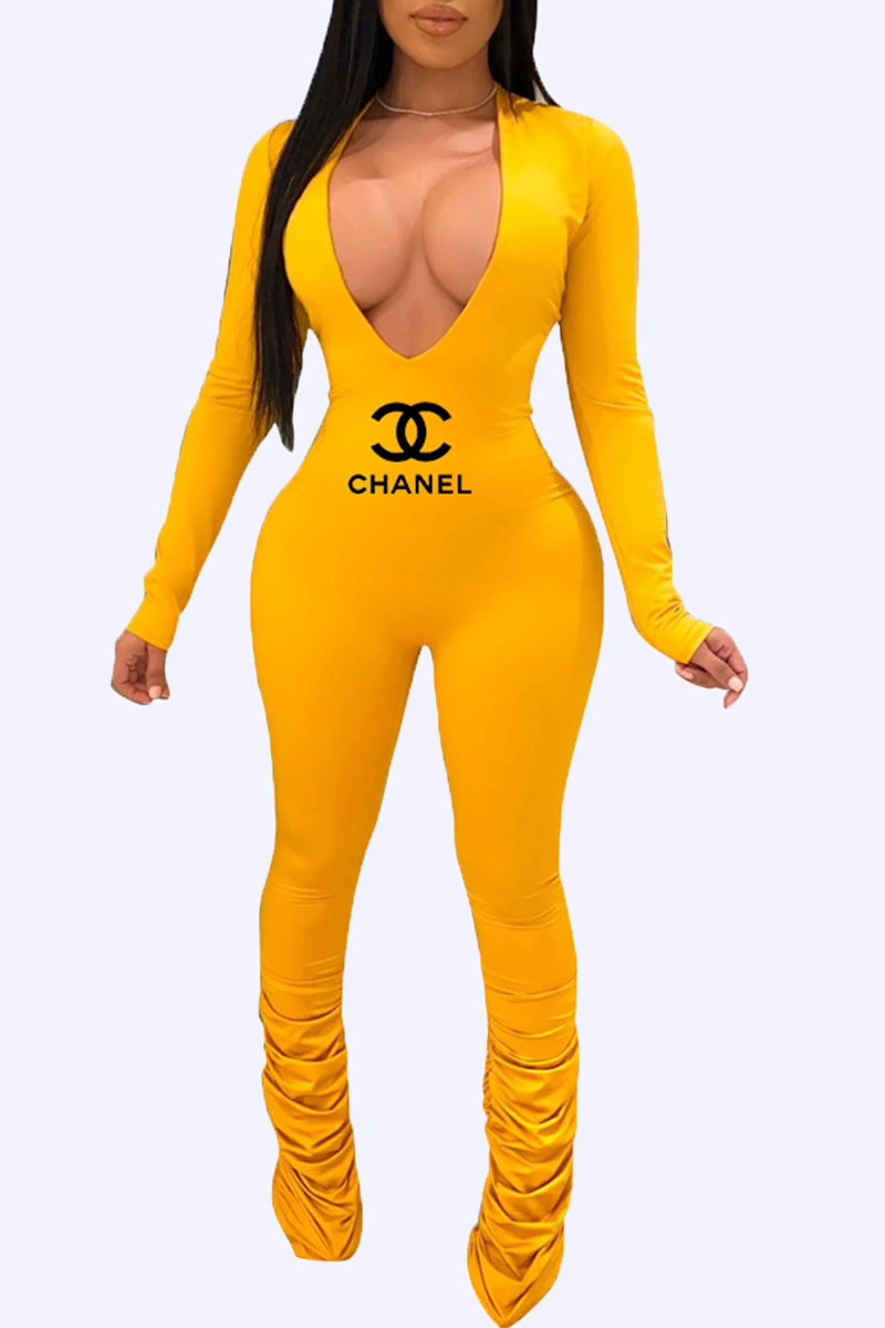 

Yellow Fashion Sexy Letter Fold V Neck Jumpsuits