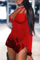赤のセクシーなプリントパッチワークスパゲッティストラップペンシルスカートドレス