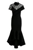 Vestido de noche de cuello alto transparente de patchwork sexy de moda negro