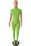 ライトグリーンファッションカジュアルソリッドベーシックタートルネック半袖ツーピース