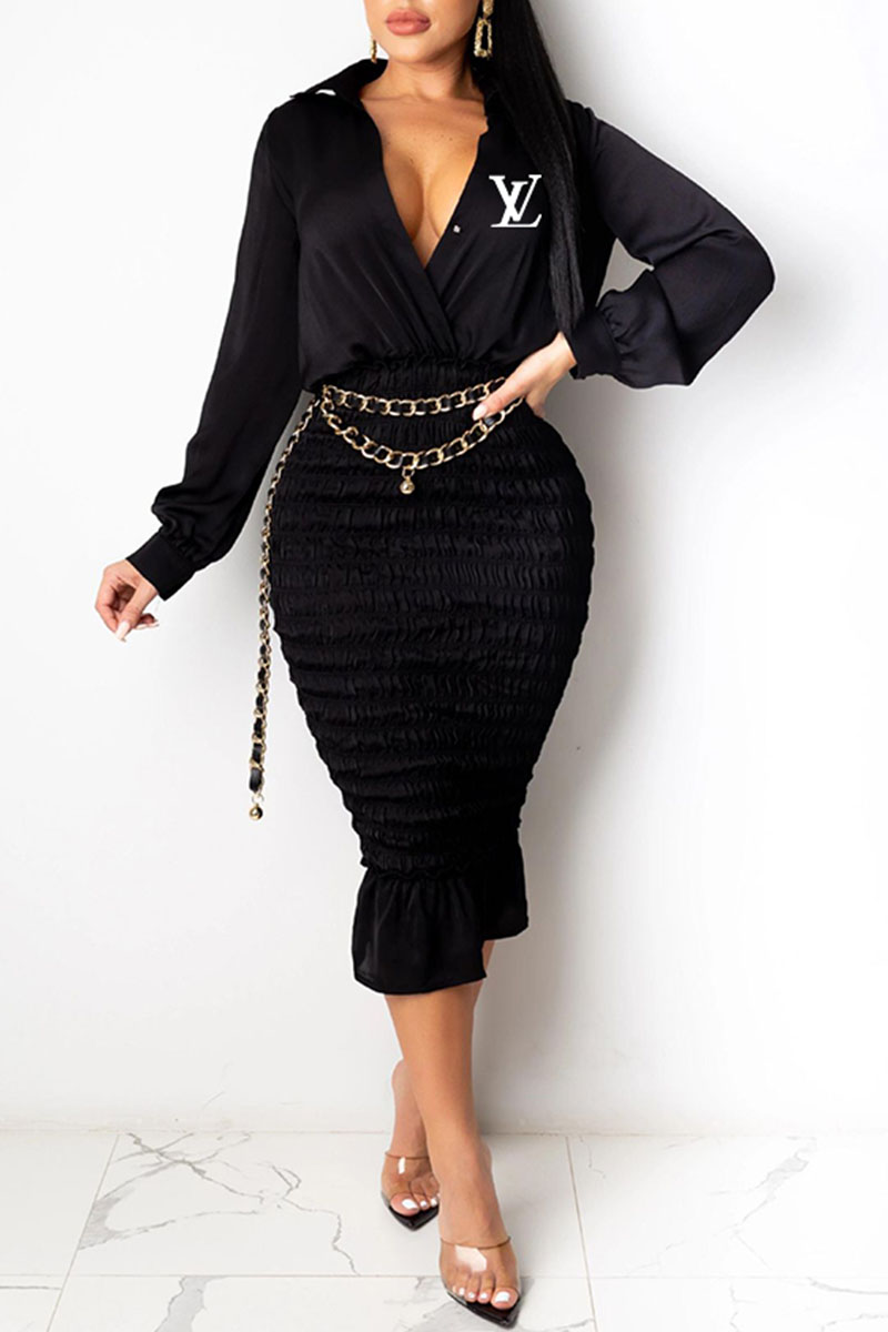 

Black Fashion Elegant Print Fold V Neck One Step Skirt Dresses