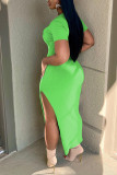 Green Casual Solid Patchwork Slit V Neck Straight Dresses