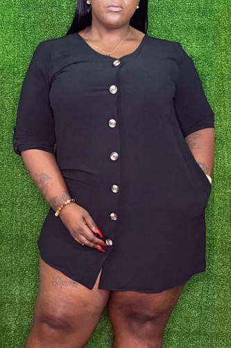 Black Fashion Casual Solid Basic O Neck Long Sleeve Plus Size Dresses