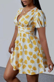 Gul Mode Print Patchwork V-ringad kortärmad klänning