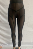 Pantalones de color sólido de lápiz de cintura alta transparentes de patchwork sólido sexy negro