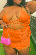 Оранжевая сексуальная однотонная лоскутная юбка-карандаш с лямкой на шее, большие размеры, две штуки