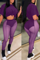 Deux pièces violet, Sexy, couleur unie, transparent, col rond, manches courtes