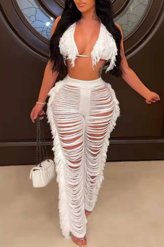 White Sexy Solid Tassel Hollowed Out Patchwork Halter Sleeveless Two Pieces