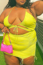 Yellow Sexy Solid Patchwork Halter Pencil Skirt Plus Size Two Pieces