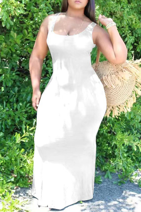 ホワイトセクシーカジュアルプラスサイズソリッドベーシックUネックベストドレス