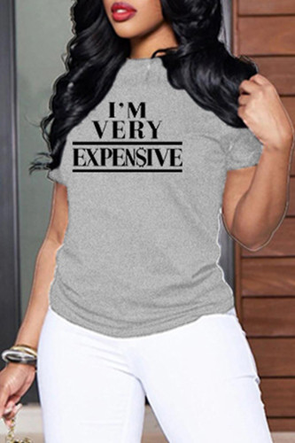 Grey Fashion Casual Letter Print Basic O Neck T-Shirts