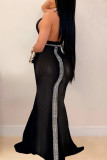 Vestido sin mangas halter sin espalda ahuecado con perforación en caliente de retazos sexy de moda negro