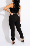 Zwarte sexy casual print patchwork rugloze skinny jumpsuits met vierkante kraag