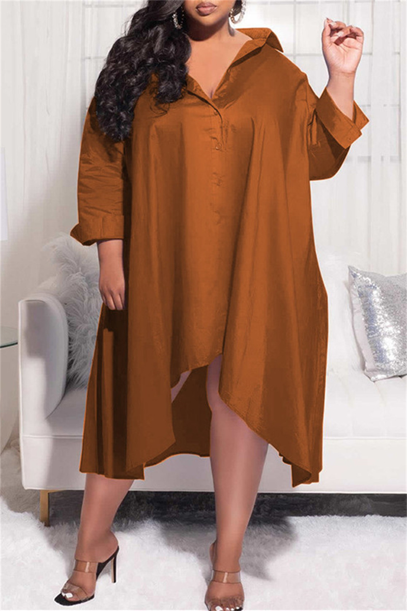 

Deep Coffee Fashion Casual Plus Size Solid Asymmetrical Turndown Collar Shirt Dress (Without Belt)