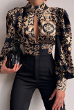 Negro sexy elegante estampado vendaje patchwork sin espalda medio cuello alto tops