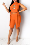 オレンジ ファッション セクシーな刺繍包帯パッチワーク スリット タートルネック ノースリーブ XNUMX 枚