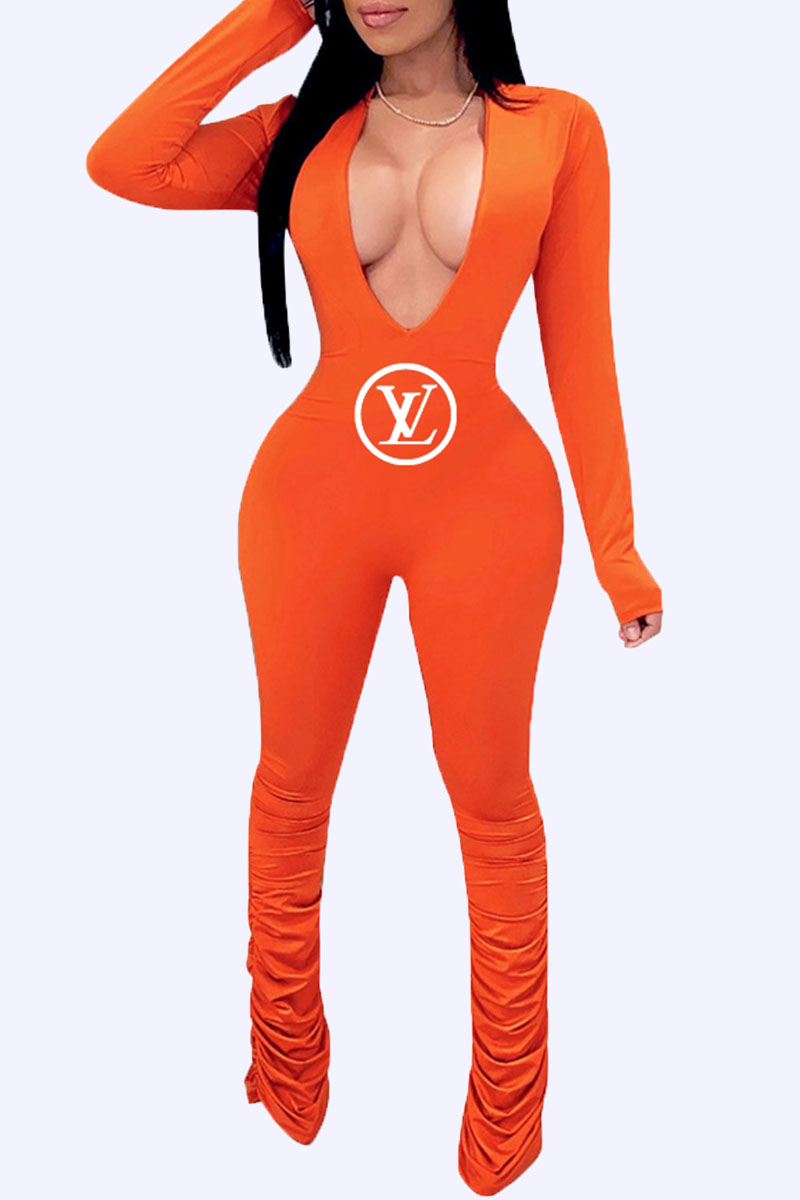 

Orange Fashion Sexy Letter Fold V Neck Jumpsuits