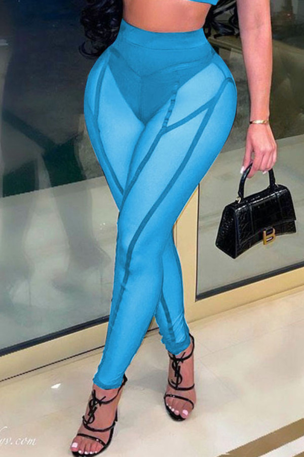 Голубой Сексуальный однотонный пэчворк Прозрачные брюки-карандаш с высокой талией Сплошной цвет Низ