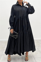 Vestido de camisa con cuello vuelto básico sólido de talla grande informal de moda negro (sin cinturón)