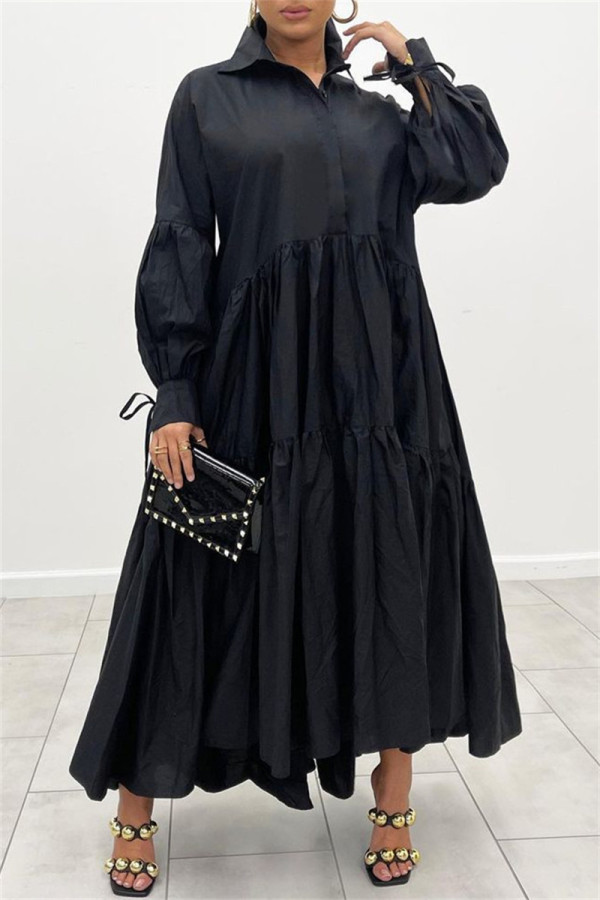 Schwarz Mode Lässig Übergröße Solide Grundlegend Umlegekragen Hemdkleid (Ohne Gürtel)