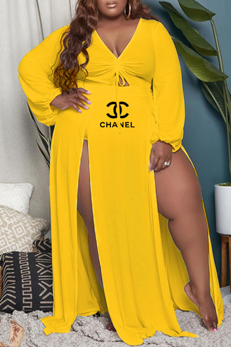 

Yellow Fashion Elegant Print Letter V Neck A Line Plus Size Dresses