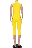 Желтый Повседневная спортивная одежда Однотонный Комбинезон на молнии с карманом в стиле пэчворк Обычный размер