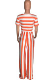 Tangerine Red Casual Striped Print Patchwork O Neck Straight Jumpsuits